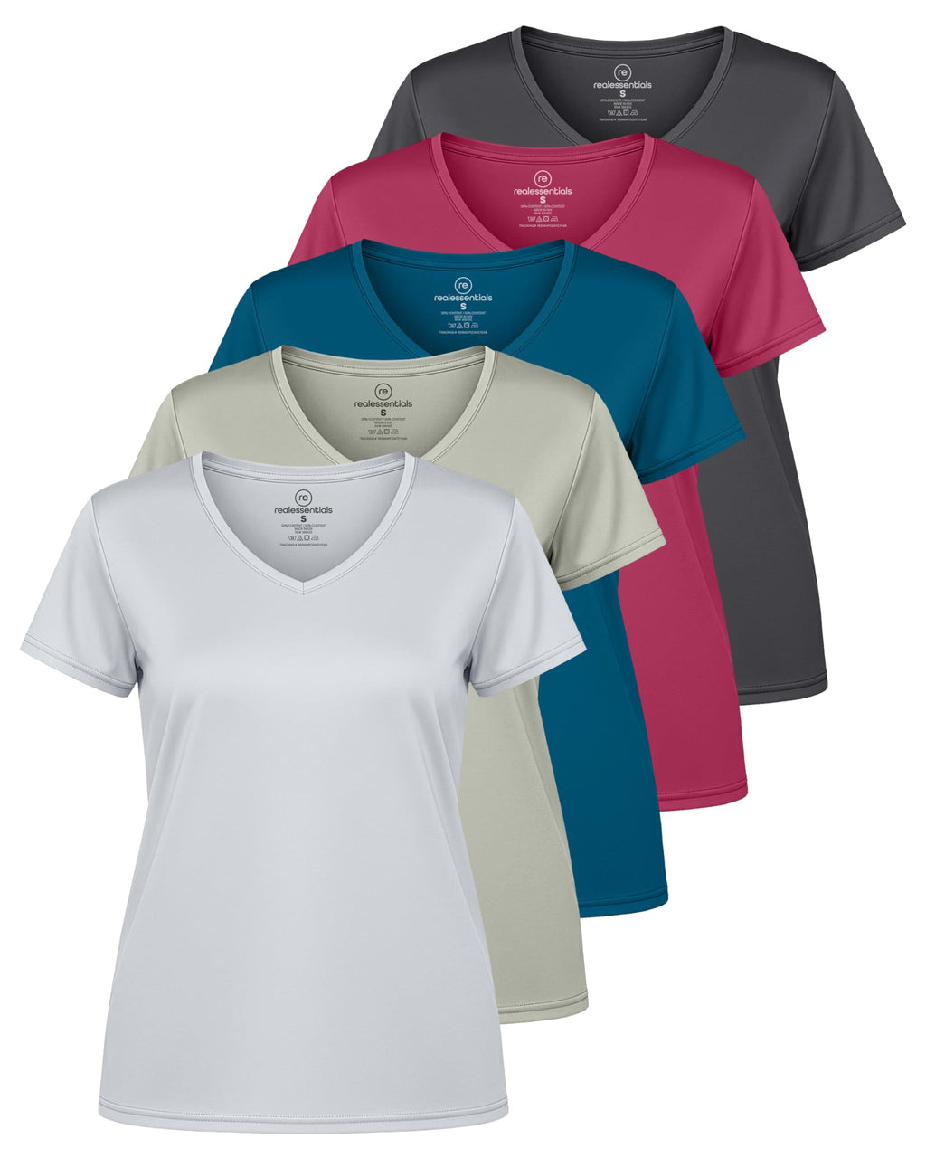 Real Essentials 5 Pack: Women's Dry-Fit Short Sleeve V Neck T Shirt Workout Fitness Yoga Top Tee, Set 13, M