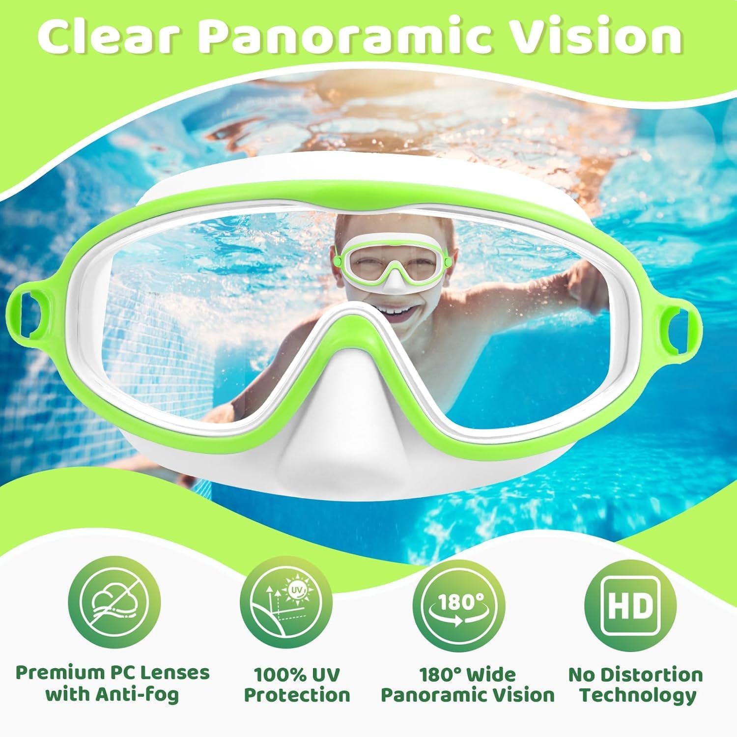 Vvinca Kids Swim Goggles - Anti-Fog Diving Mask with Nose Cover | Wide View, UV Protection, Ages 3-5