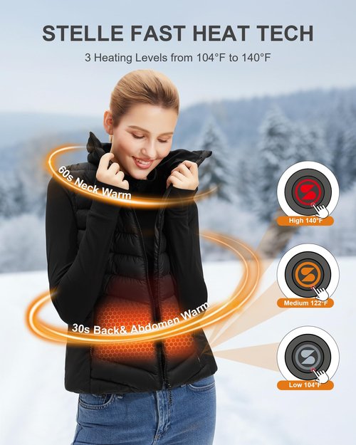 Stelle Heated Vest Women, (Power Bank Not Included) Smart Warming Electric Heating Puffer Vest Lightweight Fleece (Black,M)
