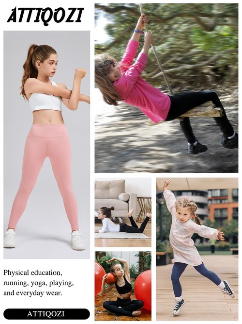 ATTIQOZI 5 Pack Girls' Athletic Leggings, High Waist Leggings for Girls with Pockets, Kids Workout Yoga Pants for Athletic Black/Gr/Black/Navy Blue/Blue L