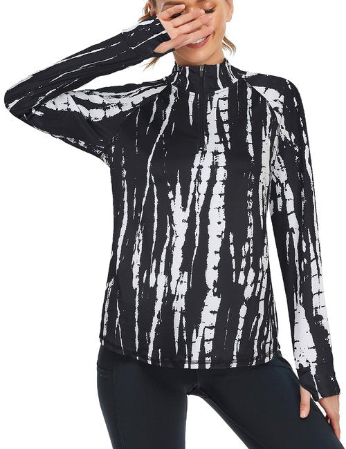 Hiking Shirts Women,Cucuchy Long Sleeve Pullover Tops Quarter Zip Workout Shirts UPF 50+ SPF Shirt 1/4 Zip Pullover Athletic Running Yoga Golf Tops Black Tie Dye XL
