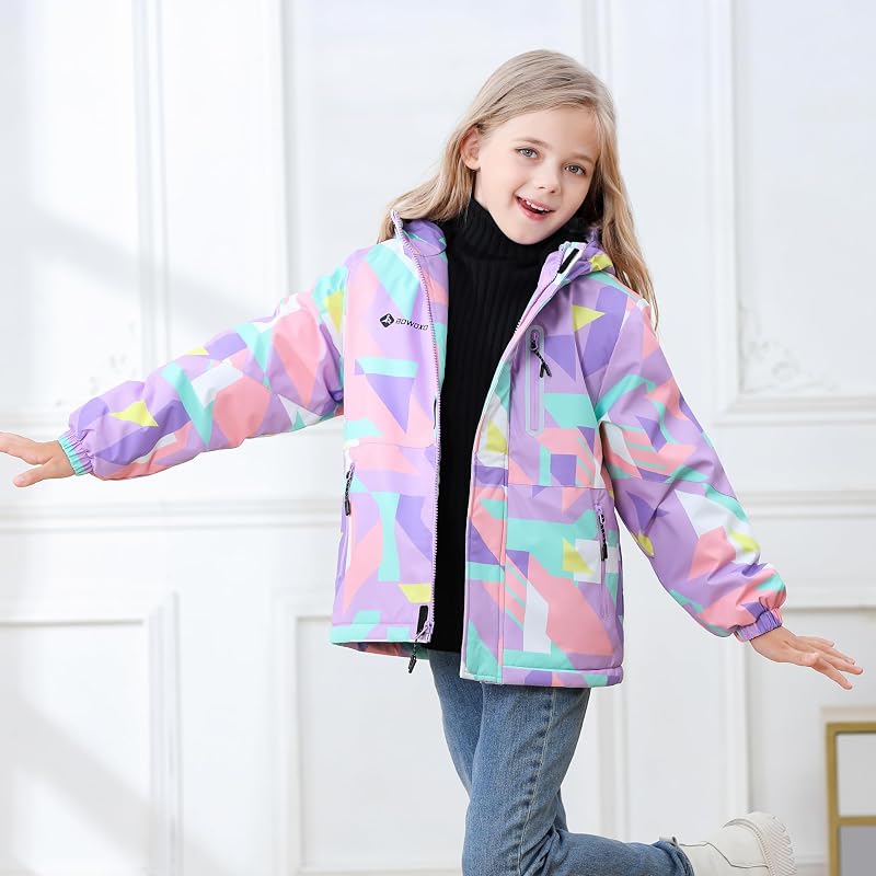 Girls' Waterproof Winter Ski Jacket – Fleece Lined Hooded Snow Coat, Cube Purple+13-14