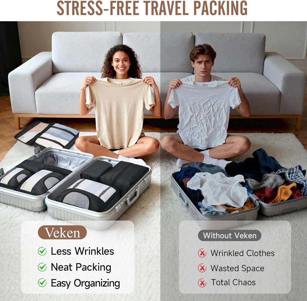 Veken Packing Cubes Set - Travel Organizer Bags with Laundry Bag & Passport Holder | 4 Sizes for Suitcase