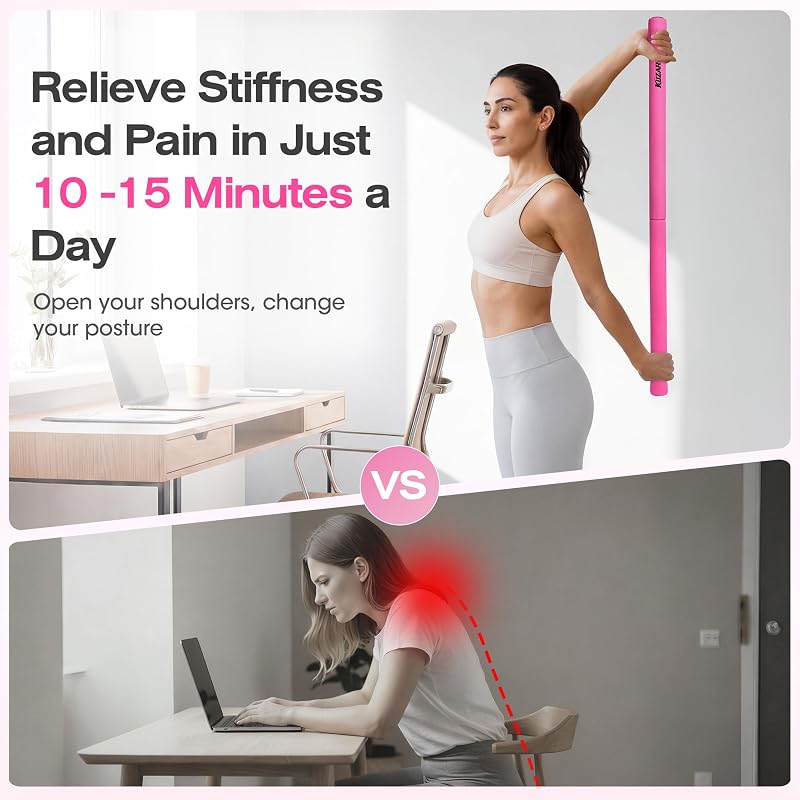 Yoga Stick Mobility Bar - Adjustable 4-Section Posture Stretch (Pink) KUZARO
