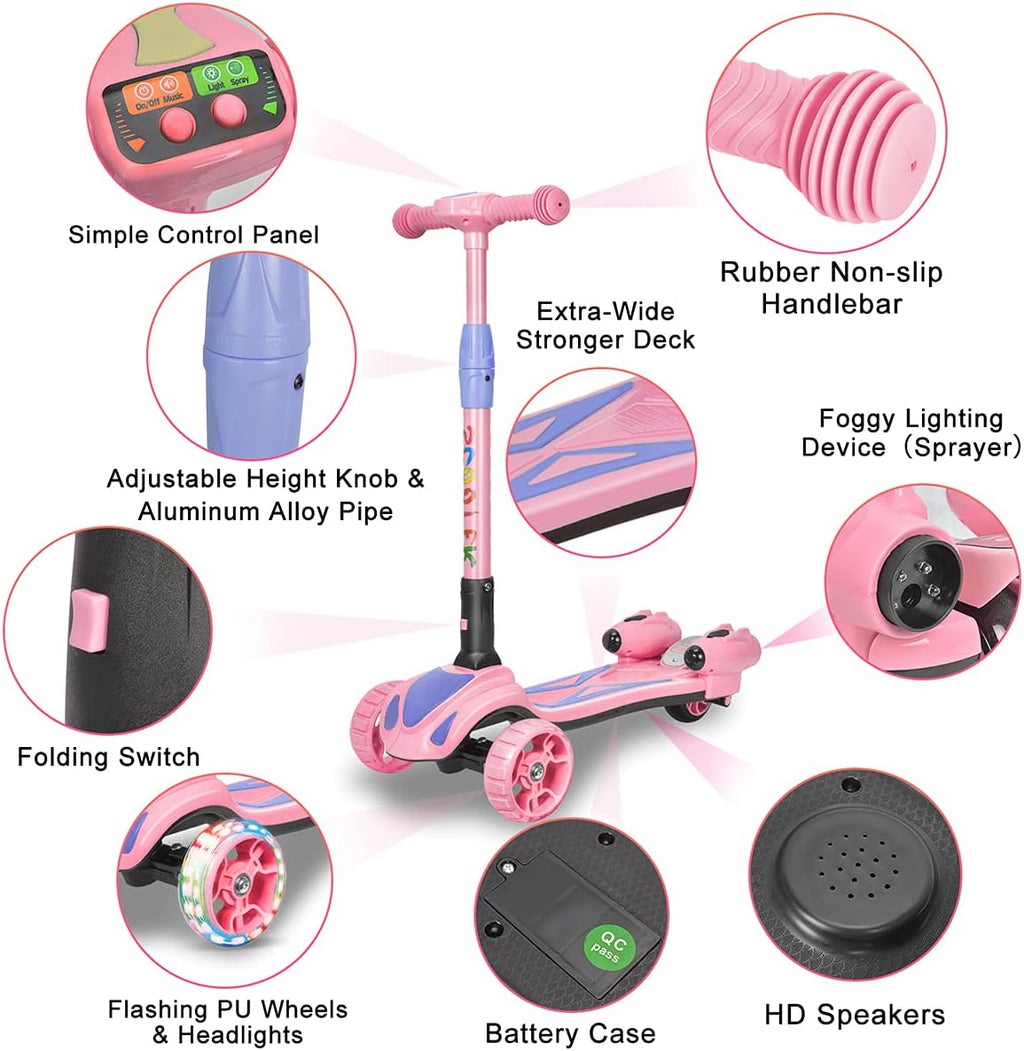 Skiennix 3-Wheel Scooter for Kids - Bluetooth Speaker, LED Lights, Foldable Design | Ages 3-10