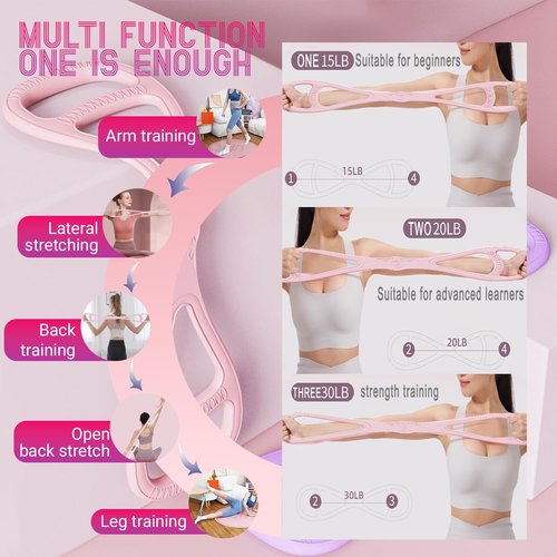 Figure 8 Resistance Band, Upgraded Full Body Training Multi-Function Design, Women's Multi-Function Resistance Band, Anti-Skid handleportable, Ideal for Yoga and Pilates Stretching Exercises-Pink+Blue