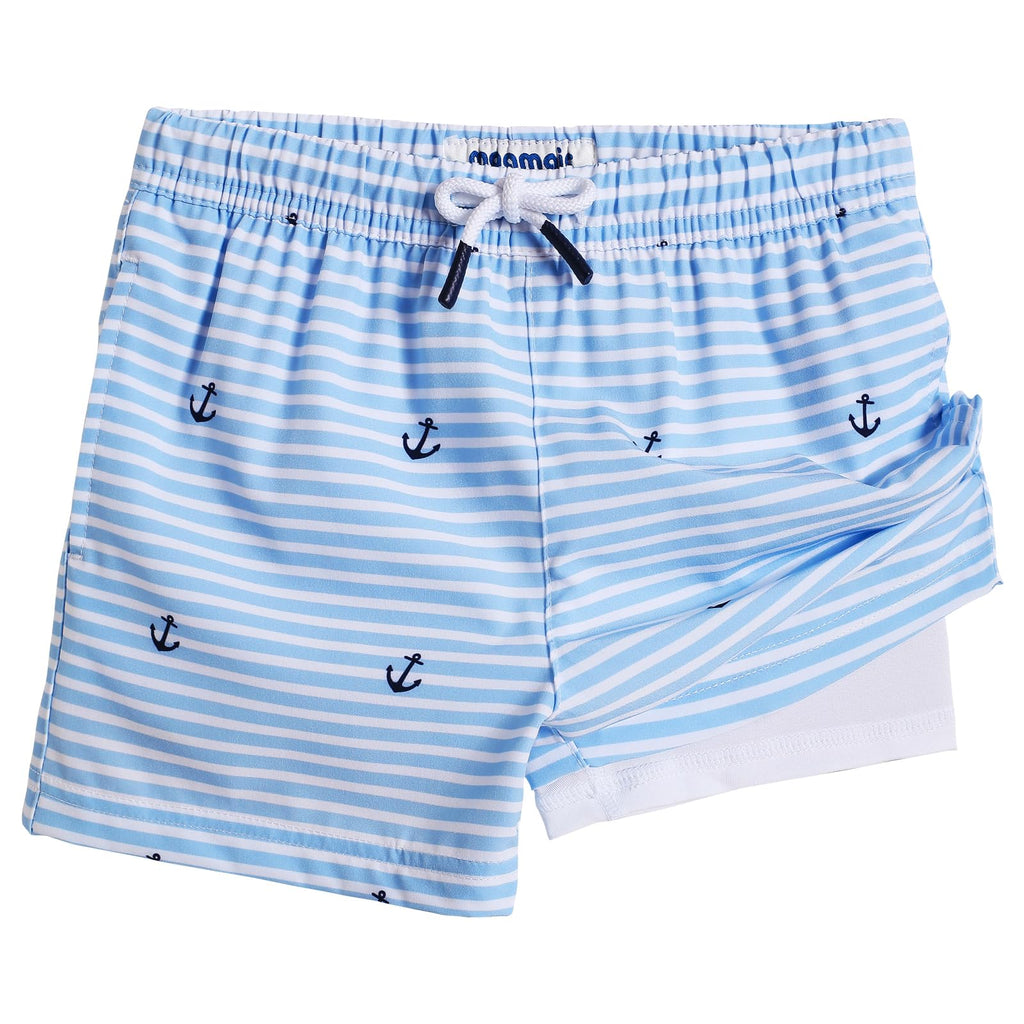 maamgic Boys Swim Trunks with Compression Liner Toddler Stretch Swim Shorts Quick Dry Swimming Trunks Boxer Brief 2 in 1 Beach Shorts White Blue Striped 2T
