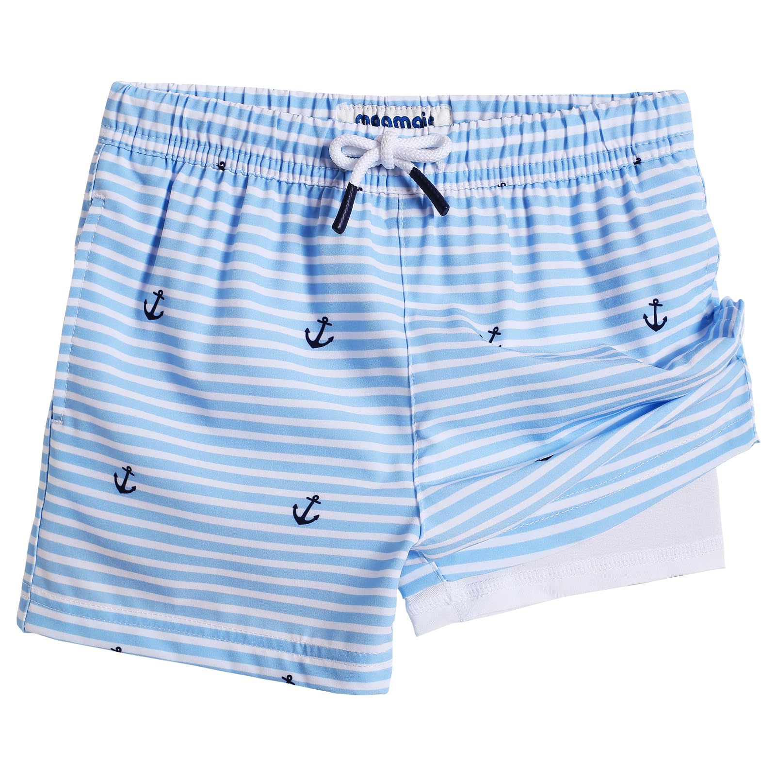 maamgic Boys Swim Trunks with Compression Liner Toddler Stretch Swim Shorts Quick Dry Swimming Trunks Boxer Brief 2 in 1 Beach Shorts White Blue Striped 2T