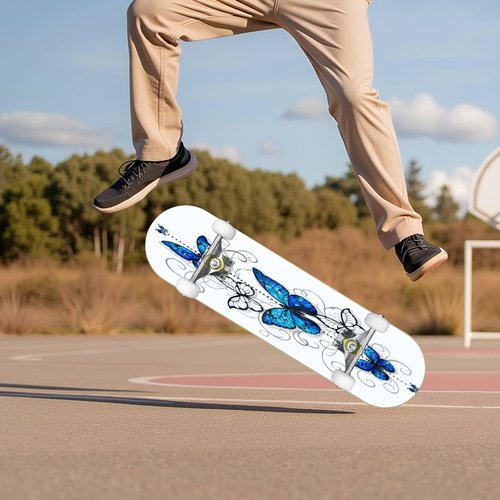 EFTOWEL Skateboards Composition of Blue Butterflies Morpho and White Butterflies on White Classic Concave Skateboard Cool Stuff Teen Gifts Longboard Extreme Sports for Beginners and Professionals