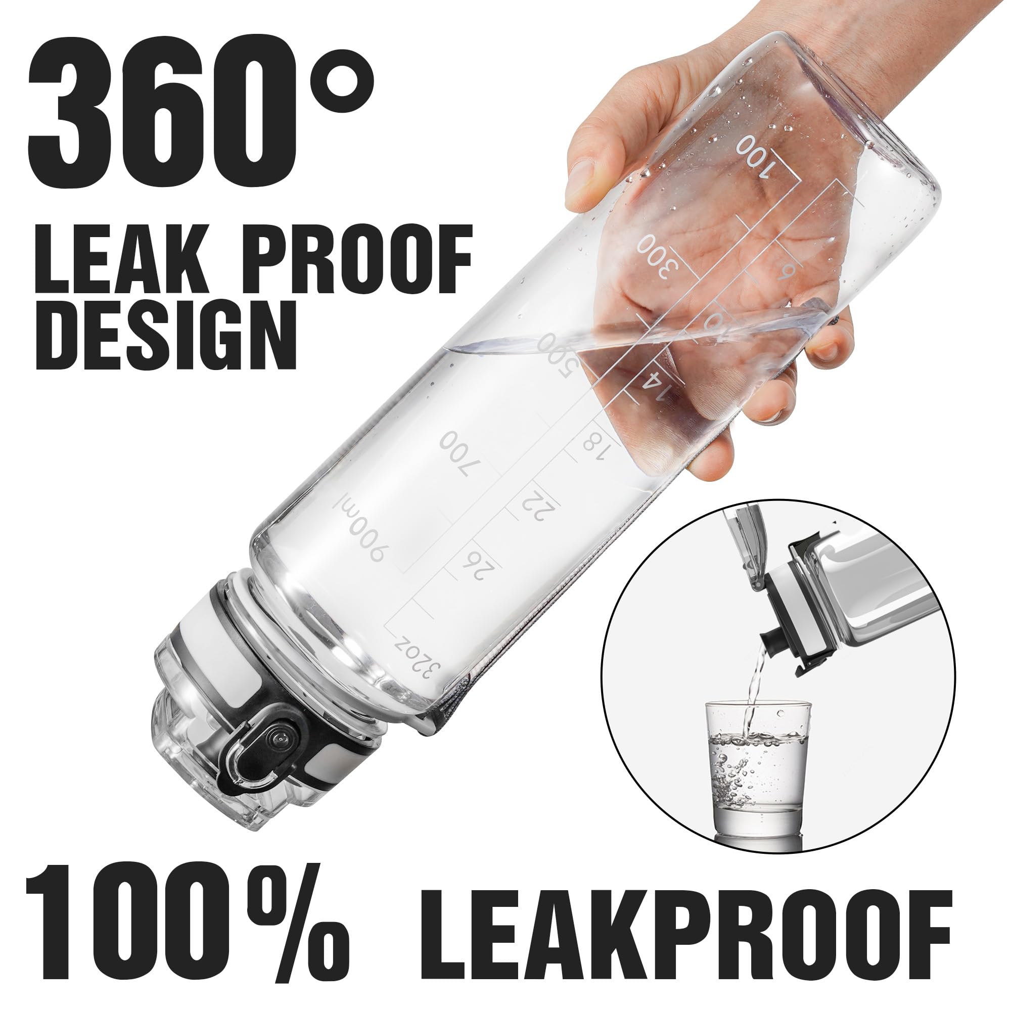 OLDLEY Water Bottle, 32oz Motivational Sports Water Bottle with Time Marker - Times to Drink - Tritan, BPA Free, Wide Mouth Leakproof, Glacier (1 Bottle)