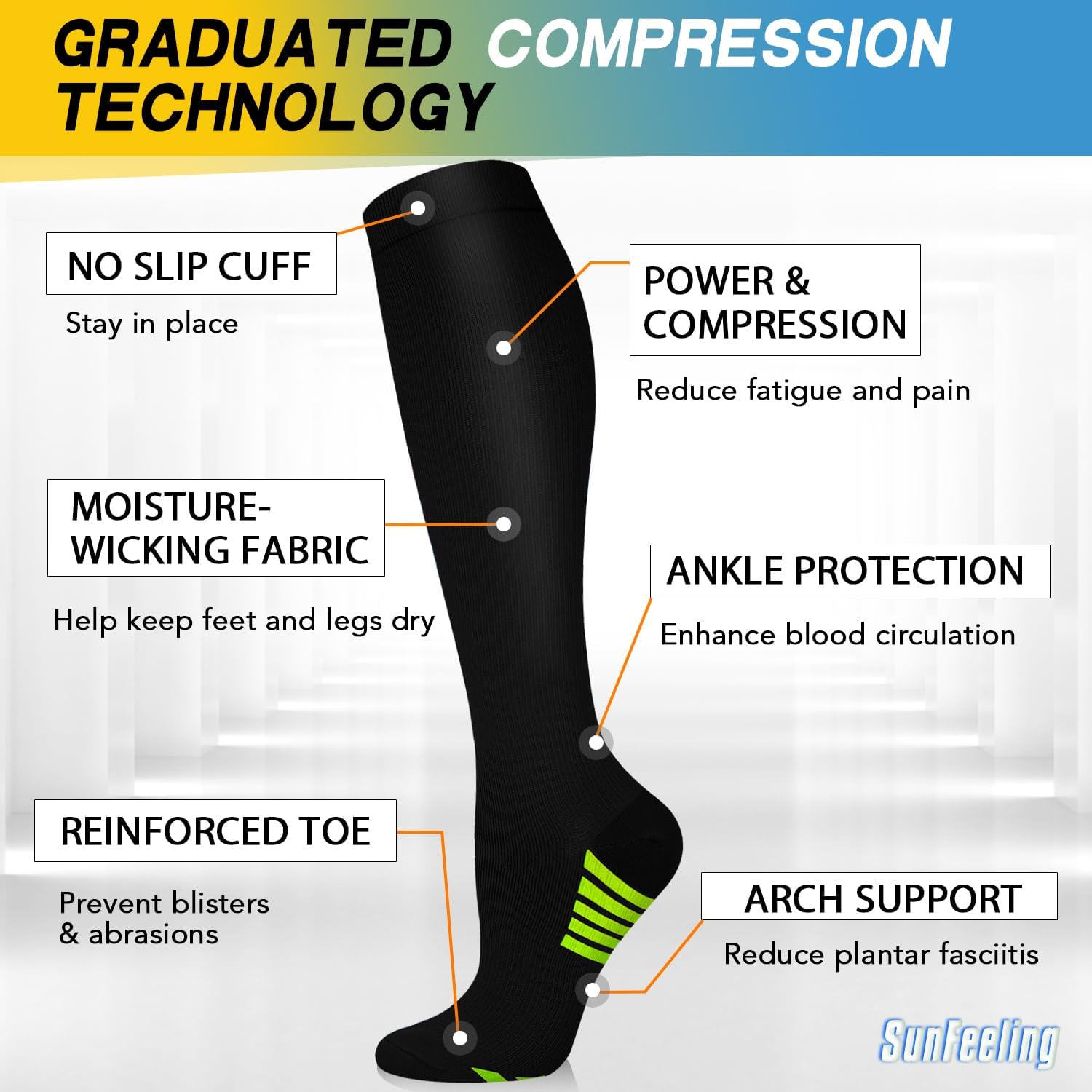 SunFeeling Compression Socks - 6 Pairs for Enhanced Circulation | Ideal Support for Nurses & Athletes