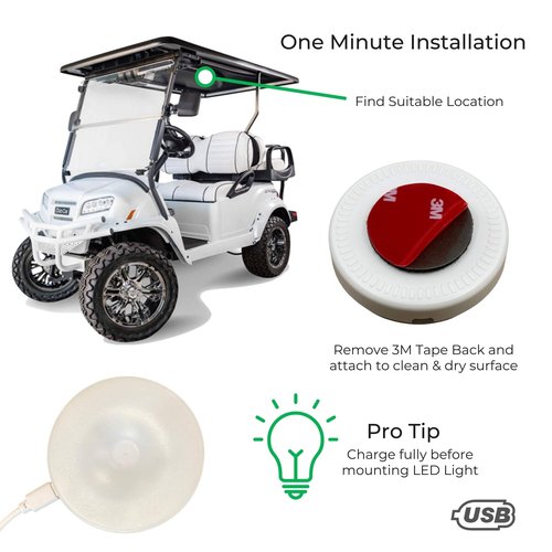 2-Pk Universal Golf Cart Roof Stick On Anywhere One Touch LED Light fits Club Car, Onward, Precedent, EZGO, Yamaha, and Garia carts, USB Rechargeable Puck Designed for Golf cart use, Great Golf Gifts