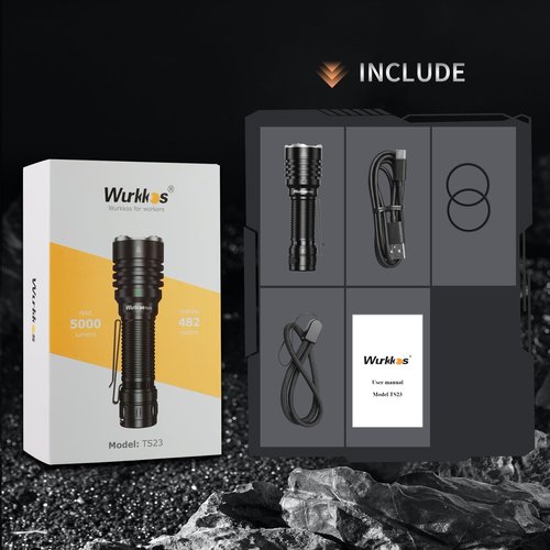 Wurkkos TS23 Tactical Flashlight,5000 High Lumens Rechargeable Flashlight,70.3 HI LED 482M Attack Head LED Flashlights,IP68 Waterproof Flashlights for Emergency,Repair,Camping,Hiking
