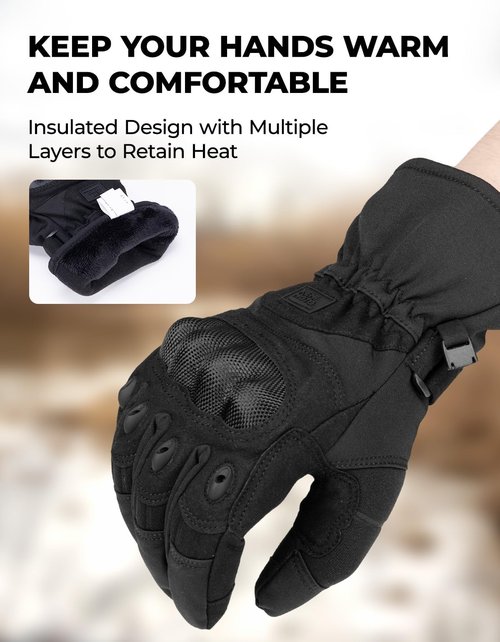KEMIMOTO Tactical Gloves for Men, Winter Warm Motorcycle Gloves with Touchscreen Hard Shell & Palm Padding for Motorcycle Riding Tactical Airsoft Paintball Hiking Camping Climbing Black L