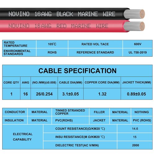 16 Gauge Marine Wire - Tinned Copper Electrical Cable for Automotive & Marine Use | 200FT Red & 200FT Black