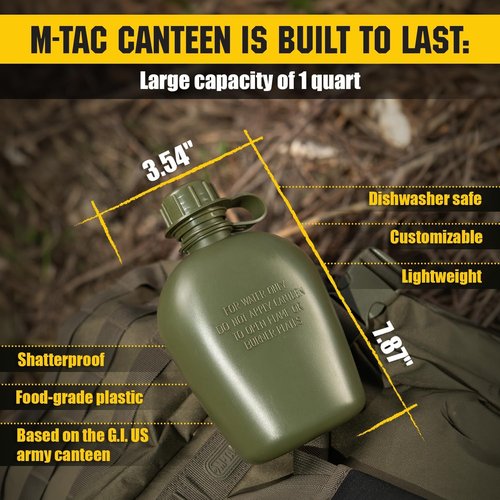 M-Tac Canteen Water Bottle - 1 Quart Water Canteen (34 Oz/1L) - Tactical Water Bottle for Military Hiking Camping Survival (Bottle & Cover Olive)