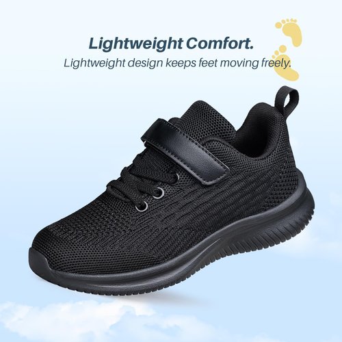 Boys Girls Sneakers Non-Slip Lightweight Running Shoes for Kids Breathable Tennis Shoes All Black Little Kid Size 2