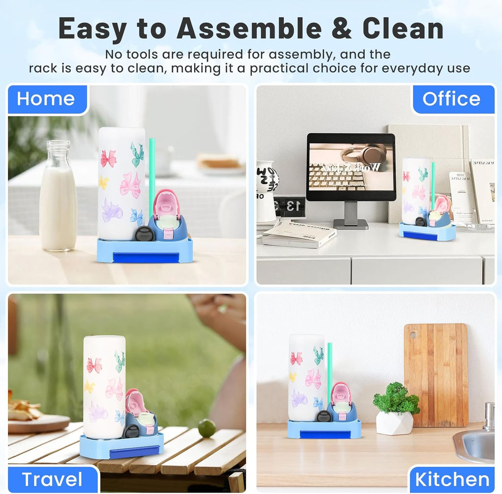 Owala Bottle Drying Rack - Portable Space-Saving Stand with Drain Tray & 4 Cleaning Brushes | Fits 24/32/40oz (Blue)