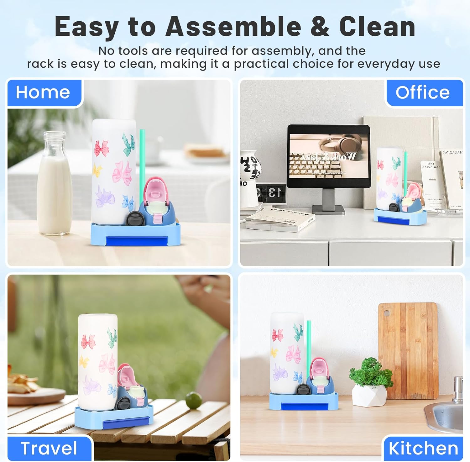 Owala Bottle Drying Rack - Portable Space-Saving Stand with Drain Tray & 4 Cleaning Brushes | Fits 24/32/40oz (Blue)