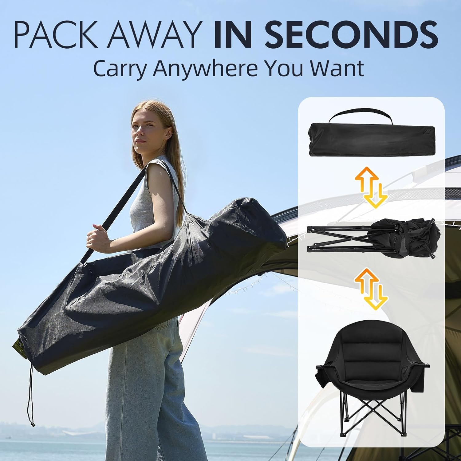 Skiennix Oversized Camping Chair - Heavy Duty Padded Folding Lawn Chair with Cup Holder | Supports 500lbs, All Black
