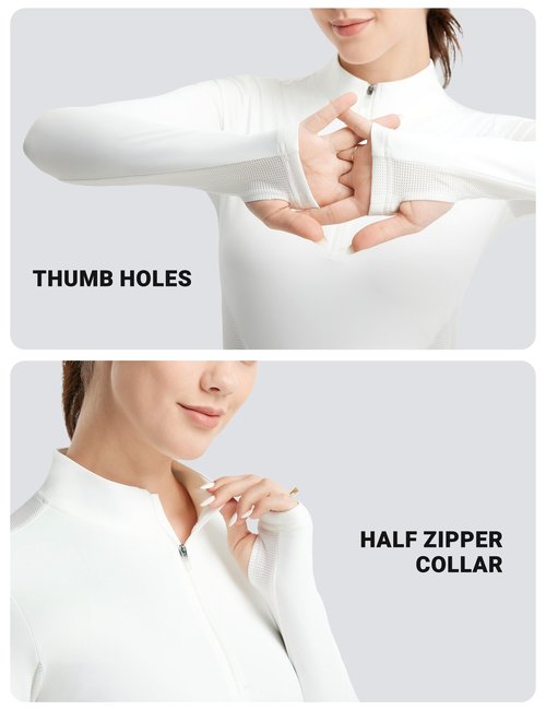 FitsT4 Sports Womens Equestrian Shirts Thumbholes Long Sleeve Horse Riding Shirts Quick Dry UPF50+ Riding Top Half Zip White XS