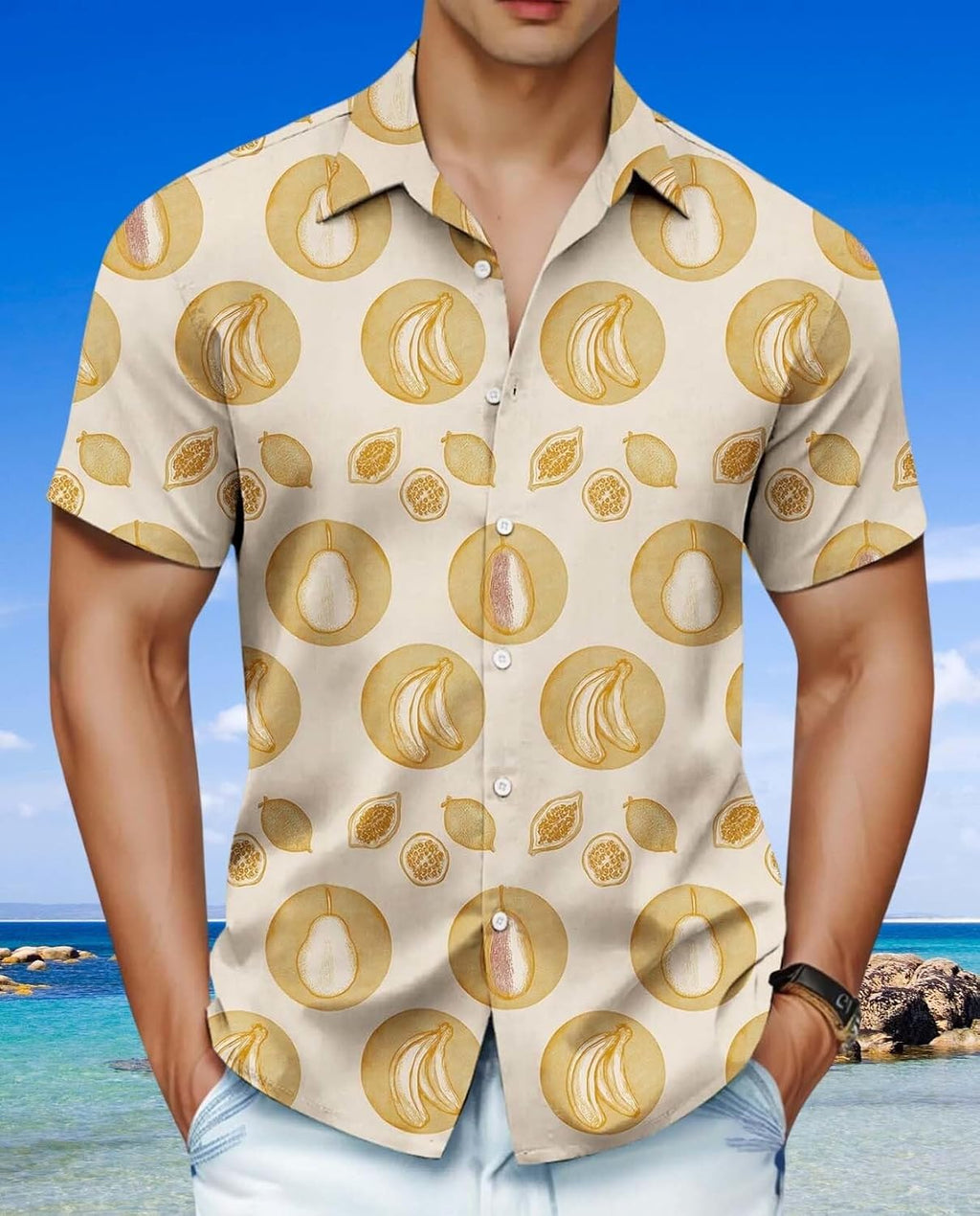 Skiennix Men's Hawaiian Shirt - Unique Fruit Print for Summer Vacations | Tropical Button-Up Tee
