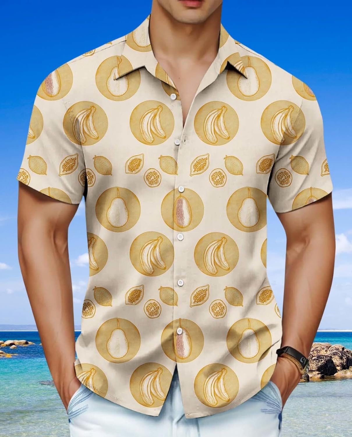 Skiennix Men's Hawaiian Shirt - Unique Fruit Print for Summer Vacations | Tropical Button-Up Tee