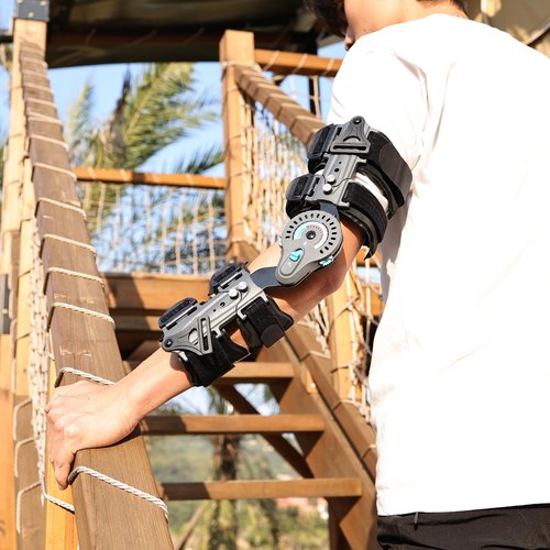 Komzer Hinged Elbow Brace,Adjustable Post OP ROM Elbow Brace with Sling Stabilizer Splint Arm Injury Recovery Support After Surgery (Left)