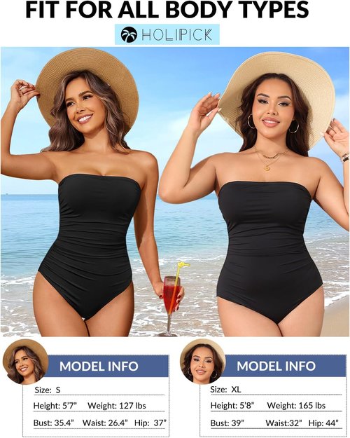 Holipick One-Piece Swimsuit - Tummy Control Strapless Bandeau Design | Slimming Halter Style