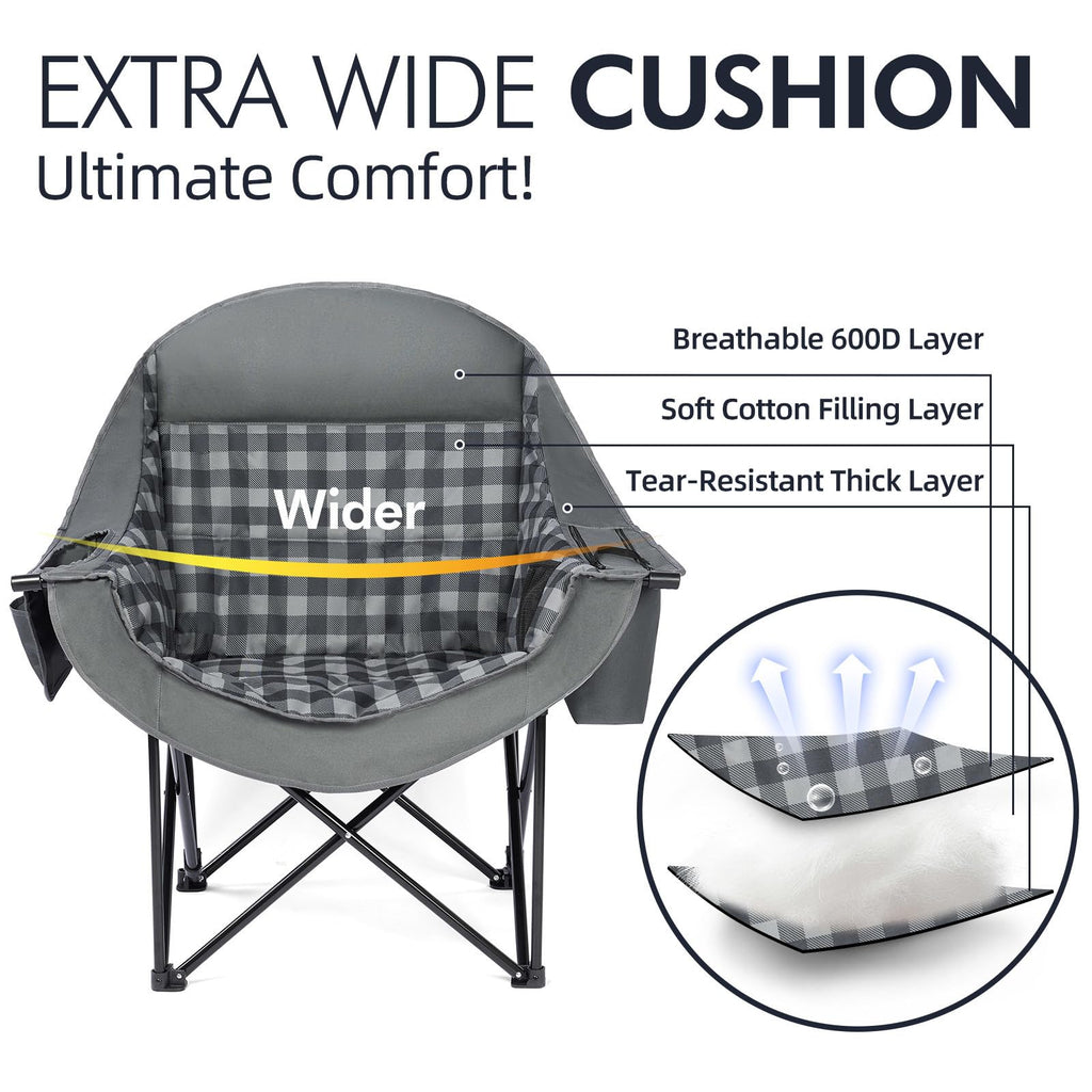 Oversized Camping Chairs for Adults - Heavy Duty Padded Outdoor Folding Lawn XL Camp Chair with Cup Holder Cooler Pockets for Outside Sports Beach Fishing Garden Portable Supports 500lbs, Grey