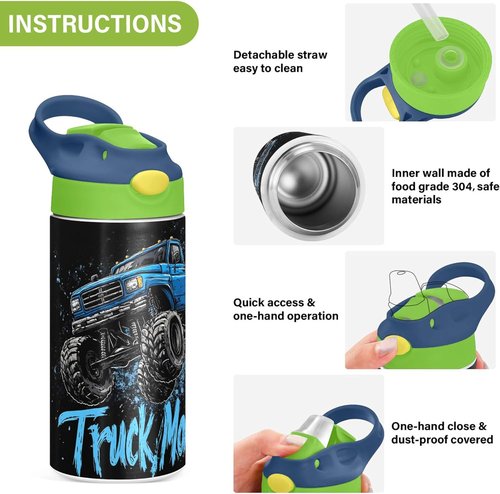 Monster Truck | Black Kids Water Bottle - Vacuum Insulated, Leak-Proof, 12 oz with Straw & Handle for Ages 4-8