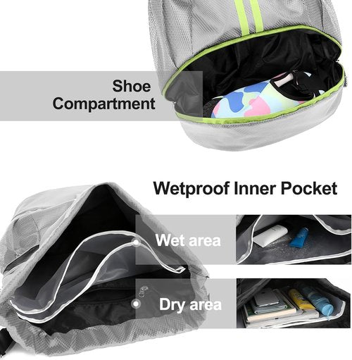 Hoedia Sports Drawstring Backpack - Versatile Swim & Gym Bag with Shoe Compartment & Waterproof Pocket
