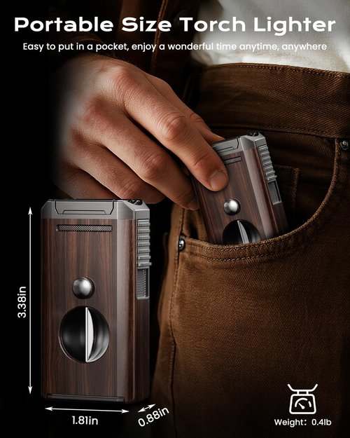 All-in-One Torch Lighter with Holder, Cutter and Dual Jet Flames, Adjustable & Windproof Flame, Refillable Butane Torch Lighter, Multifunctional Gifts for Men, Portable Accessories for Travel