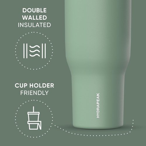Hydrapeak Voyager 40 Oz Insulated Stainless Steel Tumbler - Handle, Straw & Lid | Cupholder Friendly (Sage)