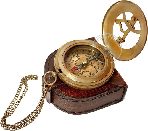 Aysha Nautical Brass Sundial Compass with Leather Case and Chain - Push Open Compass - Steampunk Accessory - Antiquated Finish - Beautiful Handmade Gift -Sundial Clock