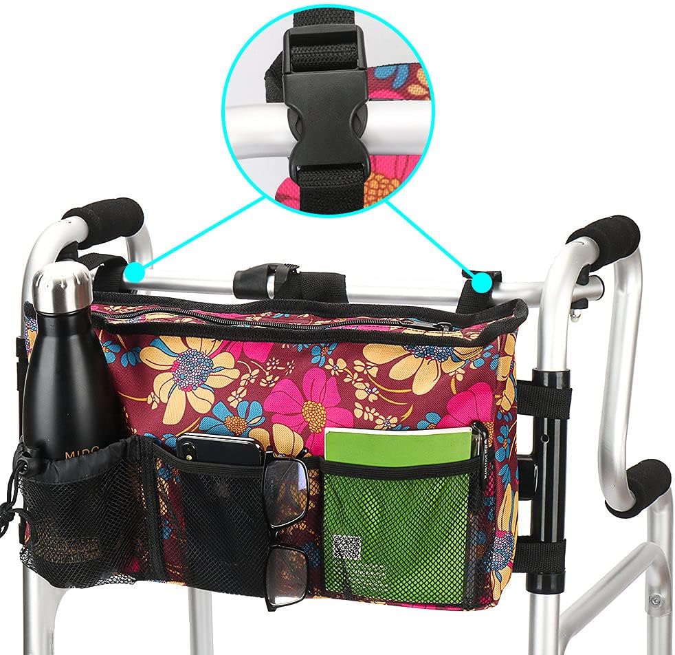 Walker Bag - Water-Resistant Pouch with 6 Pockets for Rollators & Wheelchairs | Floral Design