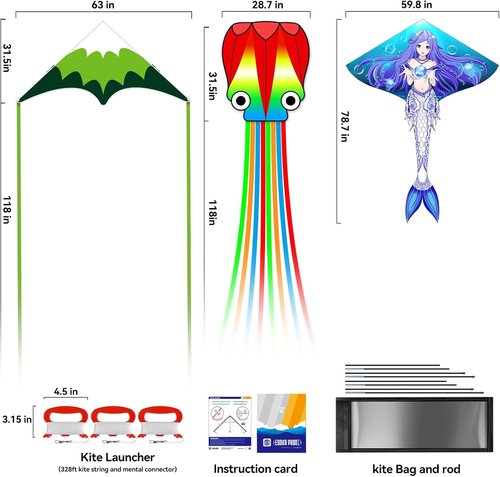 Forest Kites | Easy-to-Fly Beach Kites for Kids & Adults - Perfect Gift with 328ft String (Octopus & Celadon Mermaid)