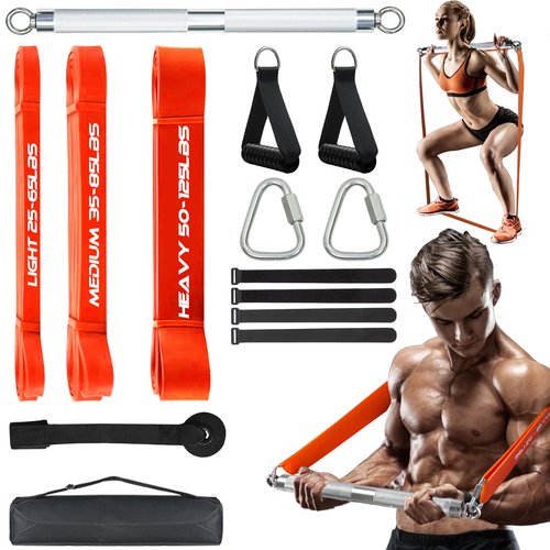 DASKING Compact 23 Inch (58cm) Resistance Bar Set with 3 Stackable Bands - 500LBS Heavy Duty Home Gym Kit, Portable Full Body Workout Equipment
