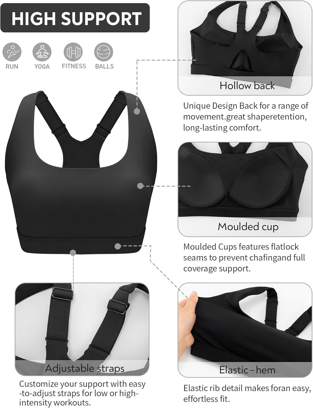 RUNNING GIRL High Impact Sports Bra - Adjustable Racerback with Sewn-In Pads for Ultimate Comfort