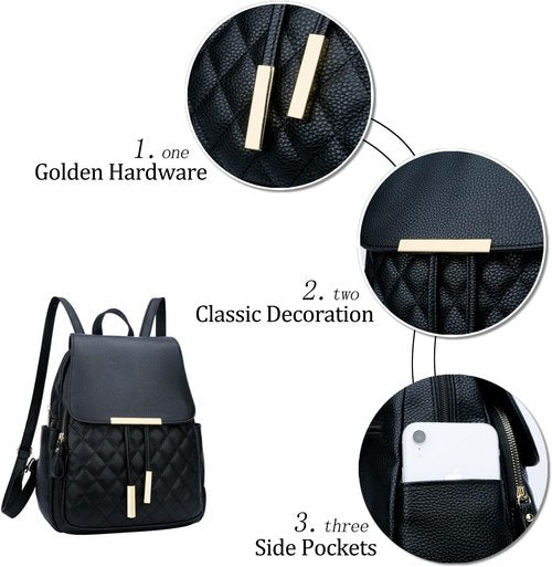 KKXIU Quilted Leather Backpack Purse - Stylish Travel Daypack for Women | Black Color