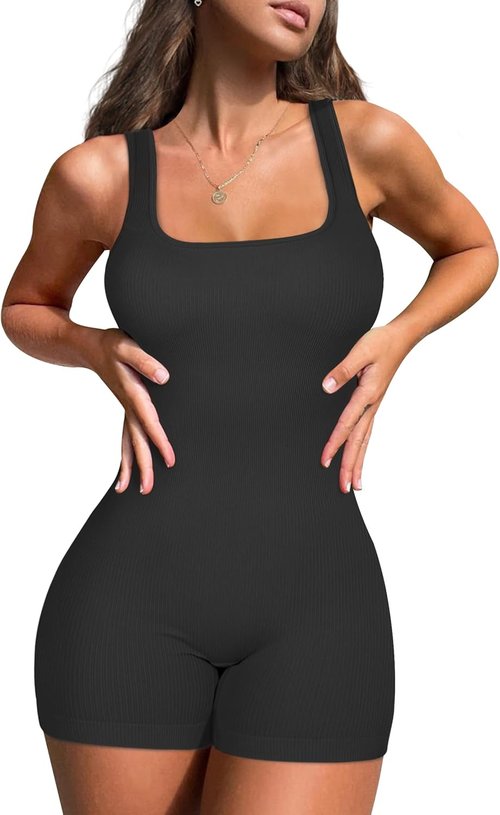 KIKIMINK Women's Seamless Ribbed Jumpsuit - Square Neck One-Piece Yoga Romper | Black, Size S