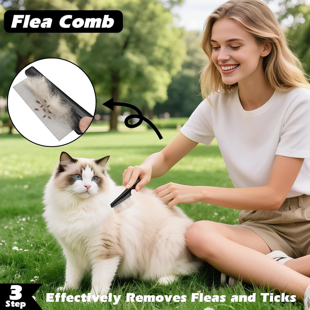 Skiennix Self-Cleaning Slicker Brush Set - Double-Sided Dematting Comb & Flea Comb for Dogs, Cats & Horses | Premium Grooming Tools (Blue)