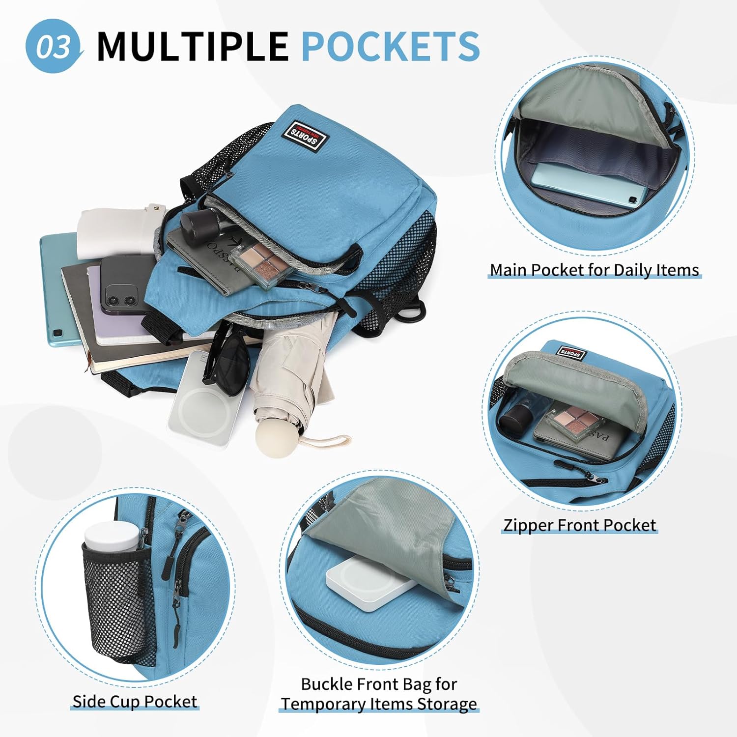 Skiennix Convertible Sling Bag - Lightweight Crossbody Backpack for 7.9" Tablet | Casual Travel & Hiking (Blue)