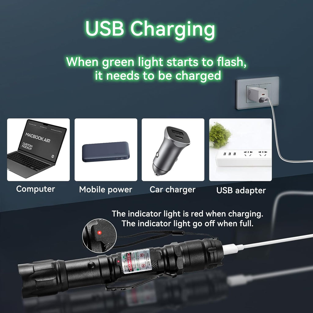 Skiennix Rechargeable Green Light Flashlight - Long Range Adjustable Focus for Outdoor Use & Presentations