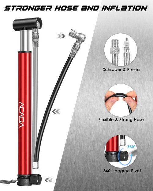 ACACIA Mini Bike Pump Fits Schrader and Presta Valve with Mounting Bracket 130 PSI 10.2 Inches(Red)