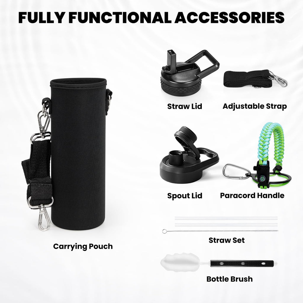 RAYMYLO Insulated Water Bottle 24 oz, Triple Wall Vacuum Stainless Steel (Cold for 24Hrs, Hot for 12Hrs), Leak Proof & Non-BPA, Modern Water Flask Jug with Paracord Handle & Straw Spout Lids
