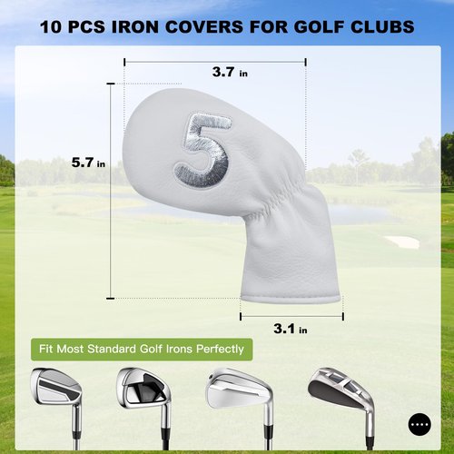 10 Pcs Iron Covers for Golf Clubs, Premium PU Leather Golf Iron Covers with Big Number Design, Fits Most Iron Clubs, Designed for Easy On and Off (White)