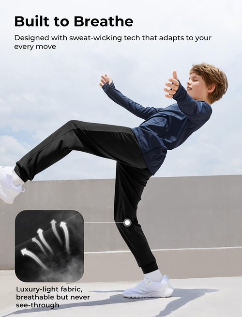 PATPAT Boys Ultra-Soft Quick-Dry Athletic Pants with Pockets & Inner Drawcord, Lightweight Joggers for Sports Training, Black, S