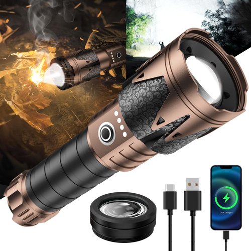 SKYFIRE Rechargeable Flashlight with Ignition Lens,5000 Super Bright Tactical Flashlights High Lumens Zoomable,6Modes,Waterproof LED Flash Light for Camping Essentials Outdoor&Home Emergency-Upgraded