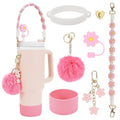 Stanley Cup Accessory Set: 7-Piece Bundle Including Straw Cover, Silicone Boot, Hand Strap, 4 Charms (Pink) for 40oz & 30oz Tumblers